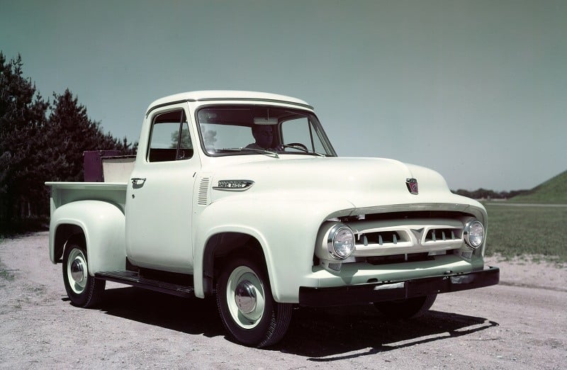 A pale green 1953 Ford F-100