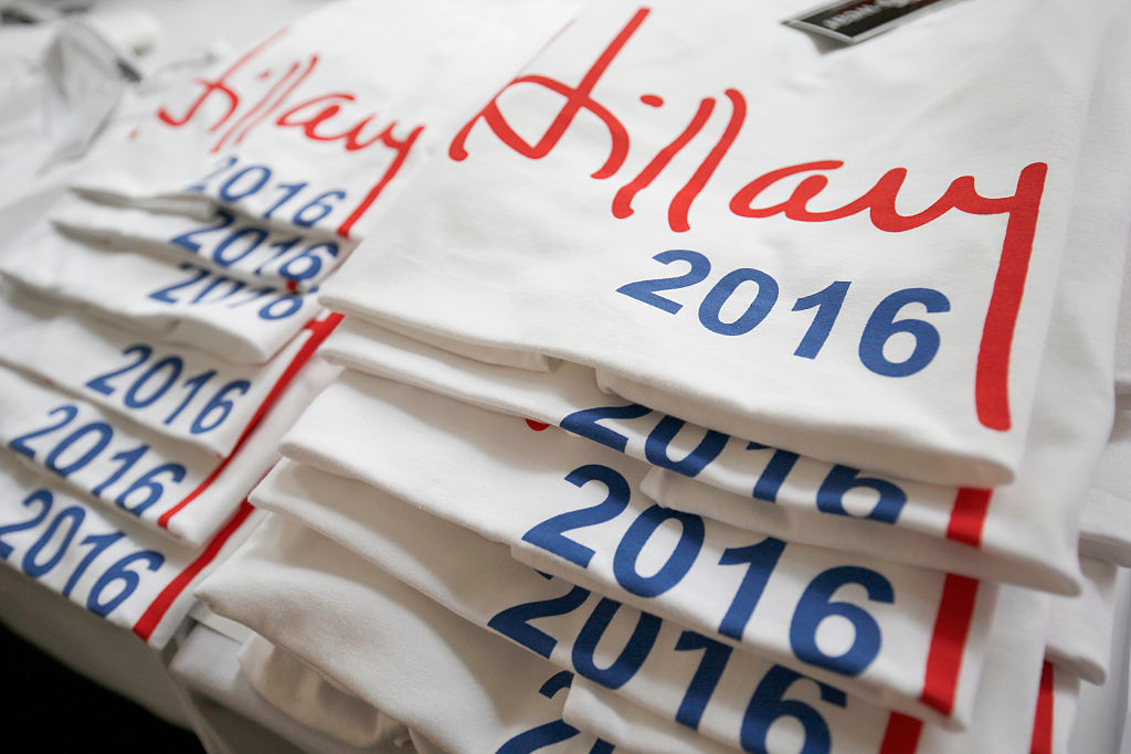 Hillary Clinton t-shirts are seen during a 'Democrats Abroad' function