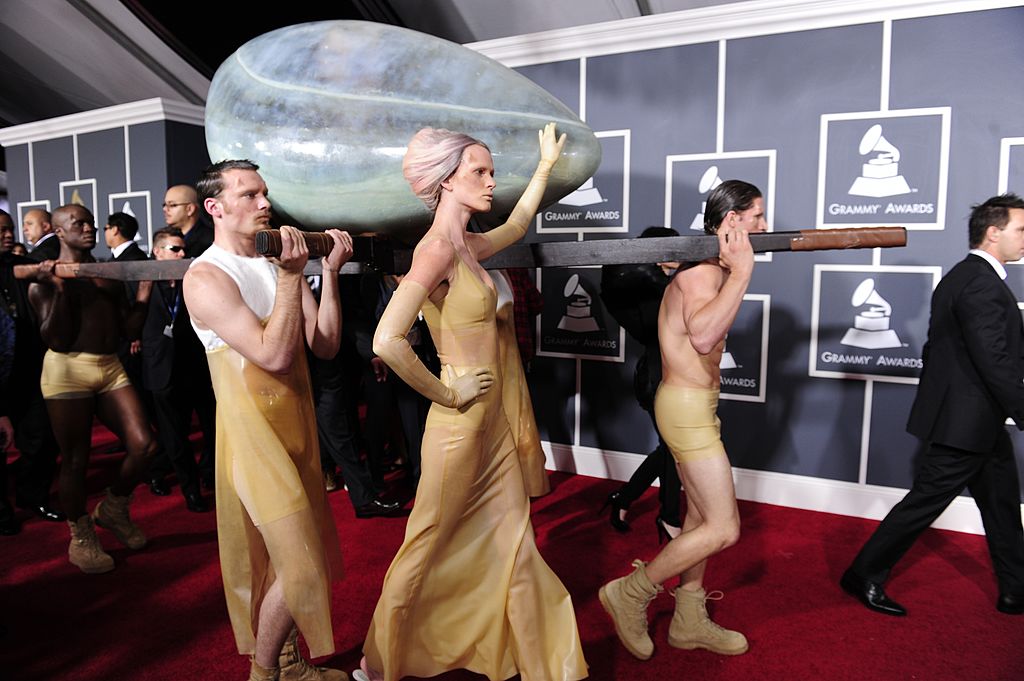 An egg-like container with singer Lady Gaga inside arrives for the 53rd Annual Grammy Awards