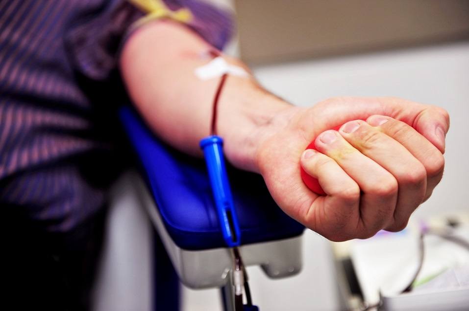 Hand of a blood donor squeezing a medical rubber ball