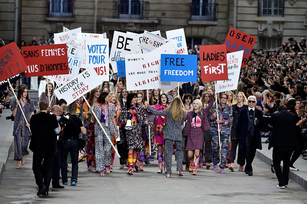 Models walk the runway during the Chanel show as part of the Paris Fashion Week