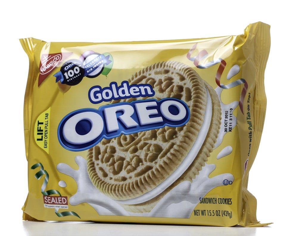 Golden Oreo sandwich cookies in their package