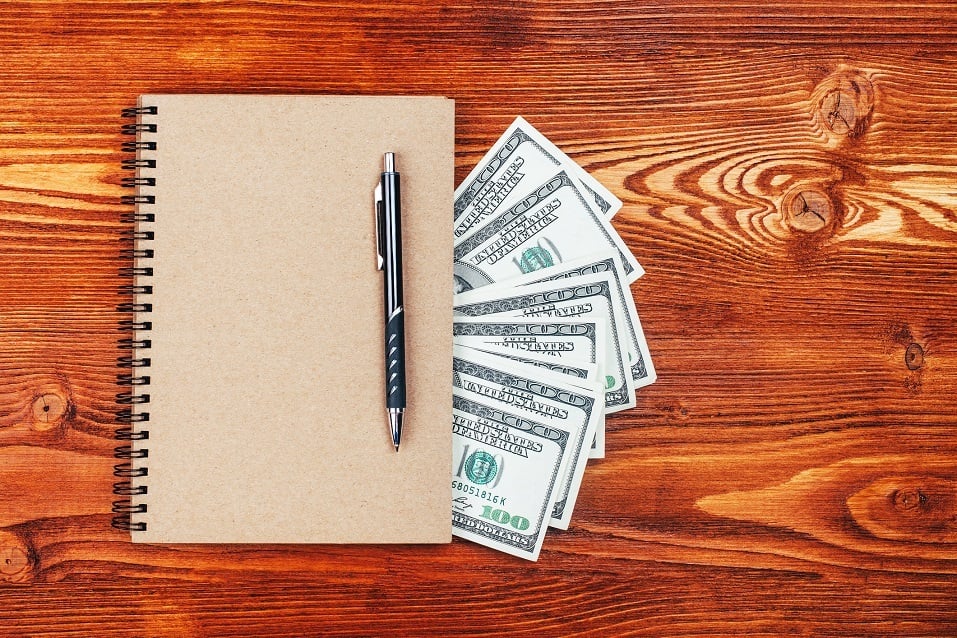 Brown notebook with dollars and pen lying on wooden table