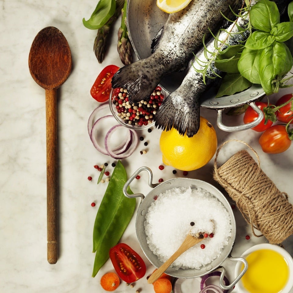 Raw rainbow trout with vegetables