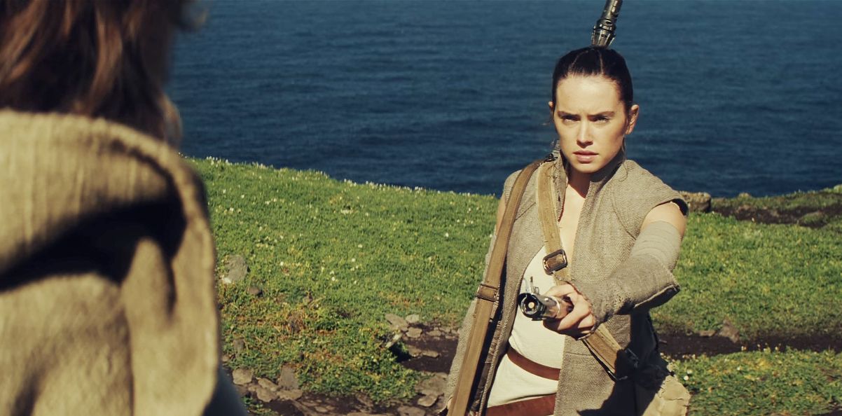 Rey at the end of 'Star Wars: The Force Awakens'. Rey at the end of 'Star Wars: The Force Awakens'.
