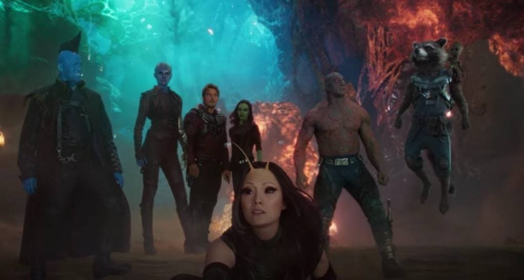The cast of Guardians of the Galaxy Vol. 2 stand together in a scene from the sequel