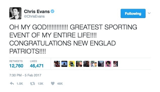 Chris Evans Tweets after the Patriots win in Super Bowl LI