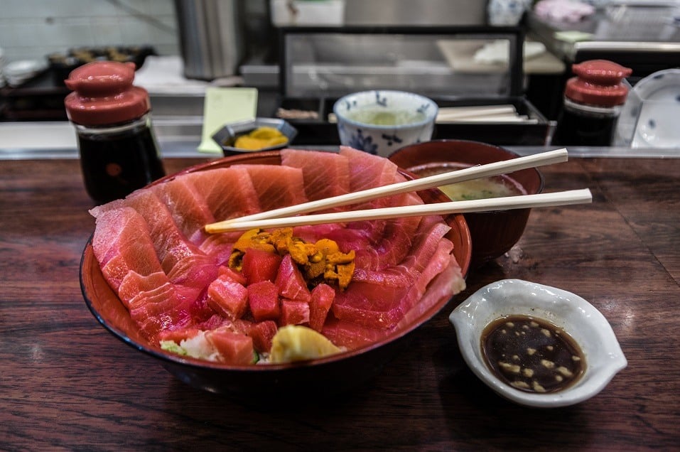 A bowl of raw tuna is served at a Japanese restaurant