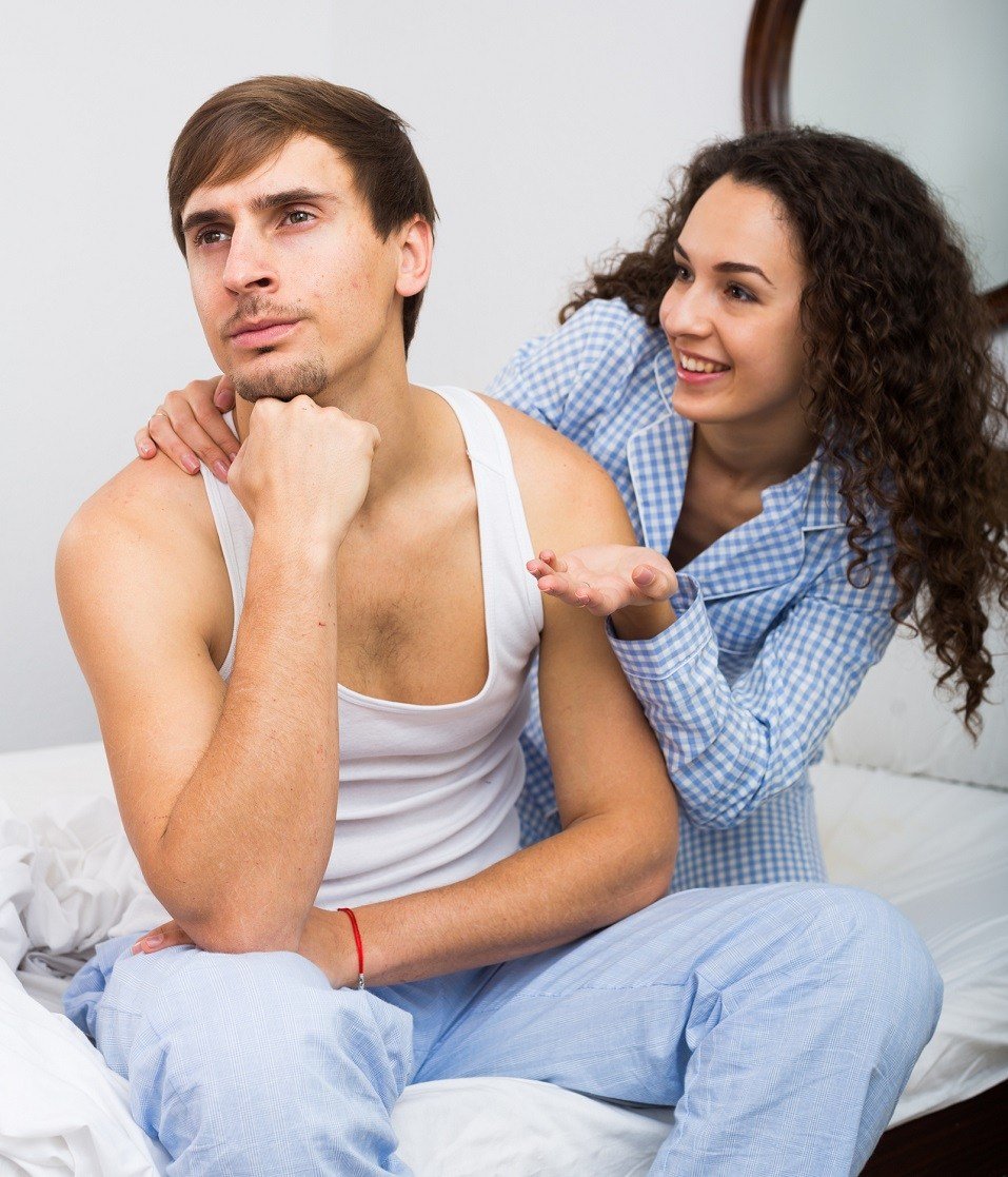 girl wheedling to offended young man