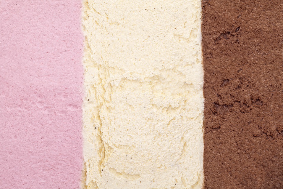 strawberry, vanilla and chocolate ice cream