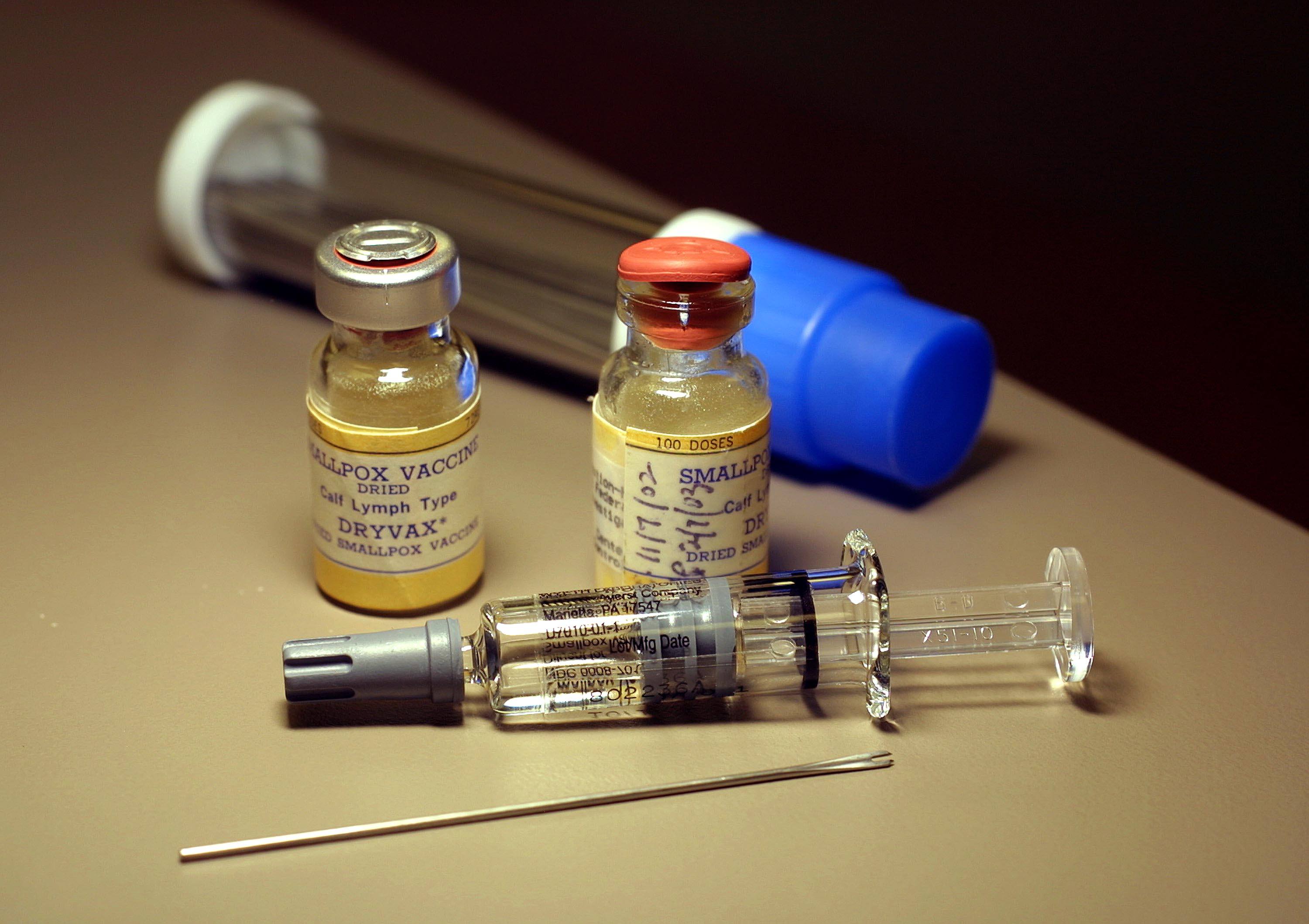 Vials of smallpox vaccine sit on a counter