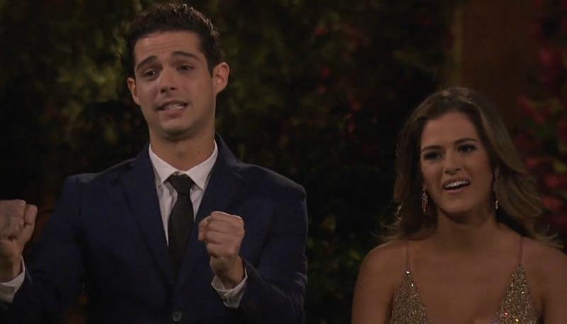 Wells Adam is standing next to JoJo Fletcher on The Bachelorette.