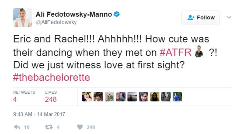 Ali Fedotowsky-Manno tweets "Eric and Rachel!!! Ahhhhh!!! How cute was their dancing when they met on #ATFR?! Did we just witness love at first sight? #thebachelorette