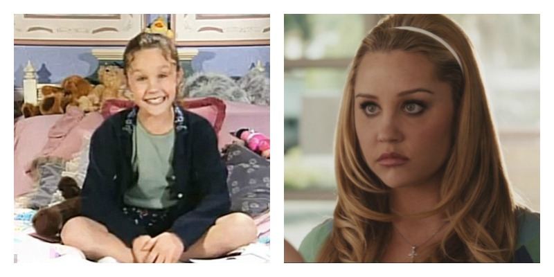 On the left is a picture of Amanda Bynes sitting on a bed in All That. On the right is Amanda Bynes in Easy A.