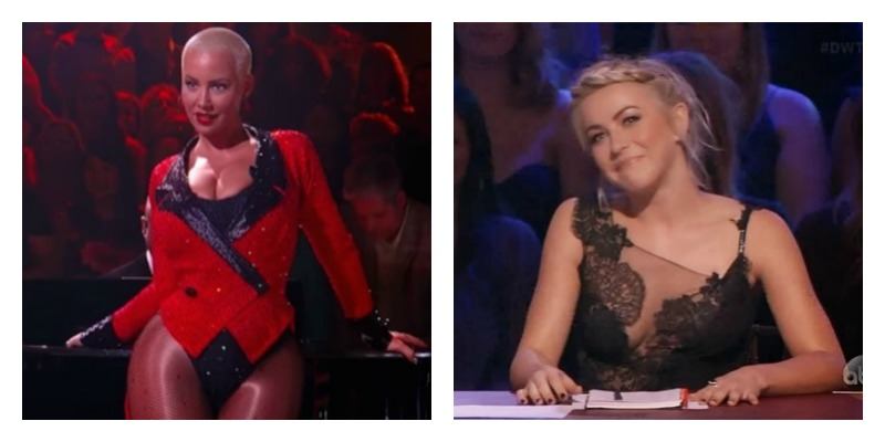On the left is a picture of Amber Rose dancing on Dancing with the Stars. On the right is a picture of Julianne Hough at the judge panel on Dancing with the Stars.