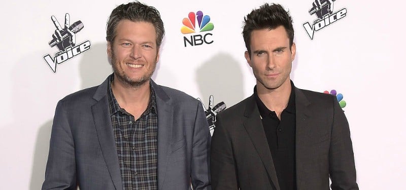 Cee Lo Green staring into the camera on The Voice. Blake Shelton and Adam Levine at Universal CityWalk.