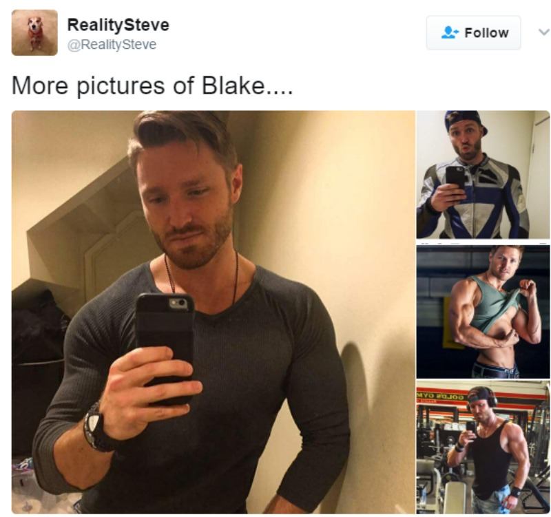 A tweet from Reality Steve showing multiple pictures of Blake posing