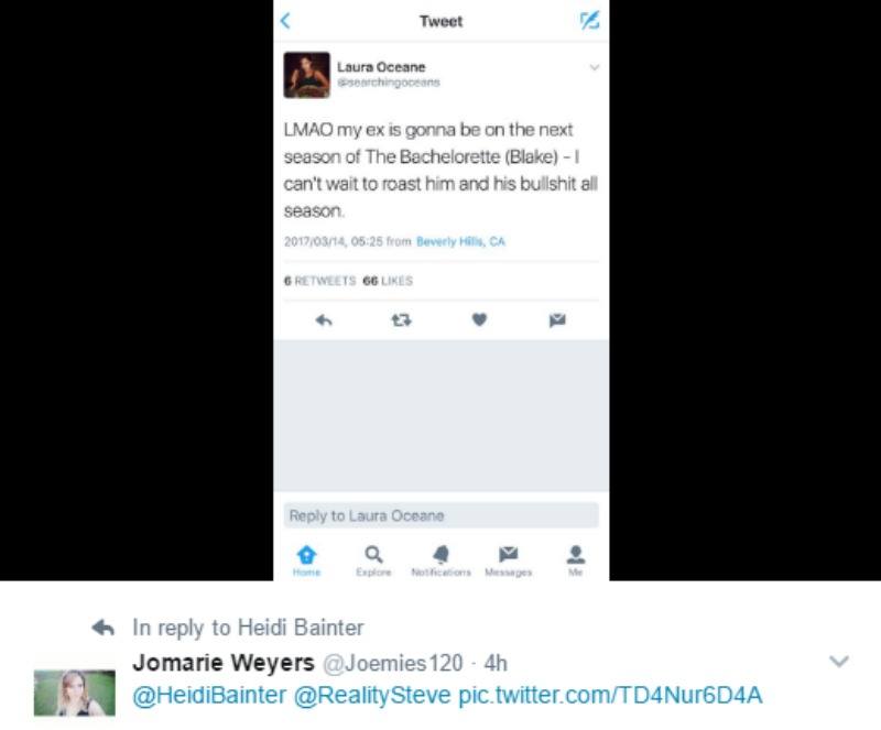 A tweet of a screen grab of Blake's ex tweeting "LMAO my ex is going to be on the next season of The Bachelorette (Blake) - I can't wait to roast him and his bullshit all season"