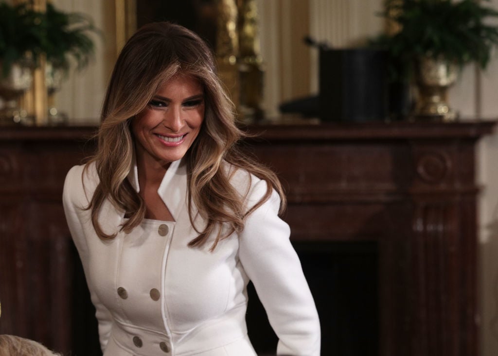 U.S. first lady Melania Trump arrives at the East Room of the White House.