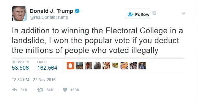 One of Donald Trump's tweets on the popular vote