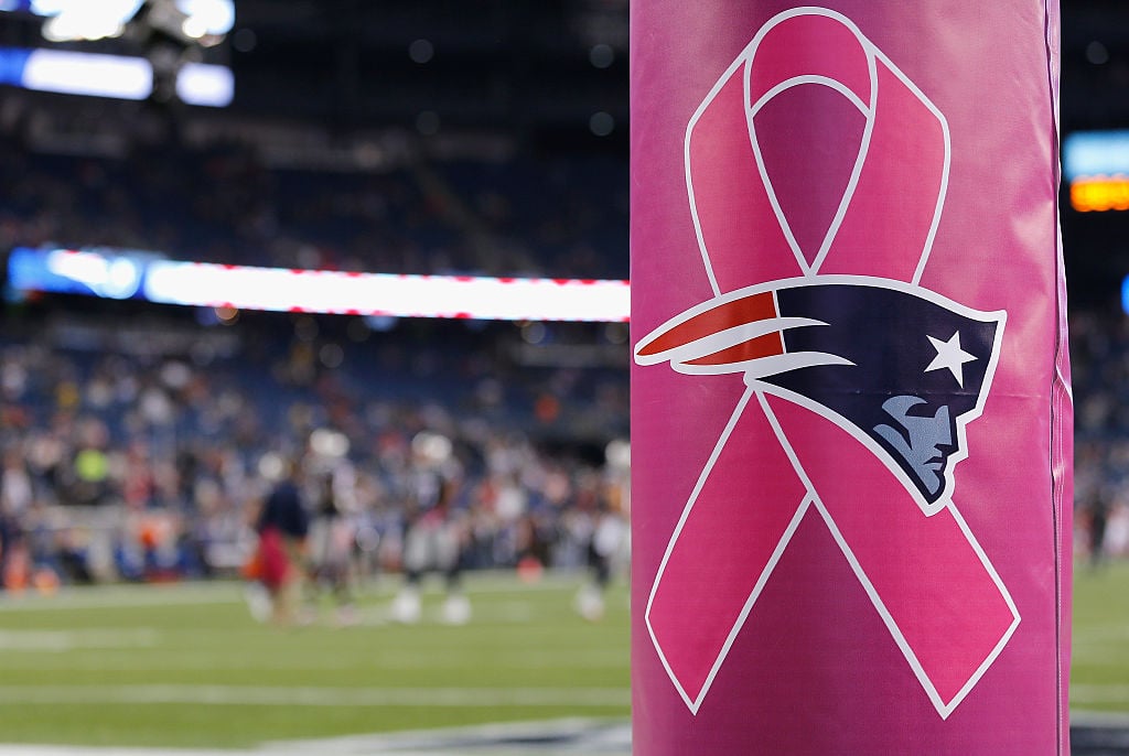 A goal post with the breast cancer logo is shown before a game between the New England Patriots and the Cincinnati Bengals