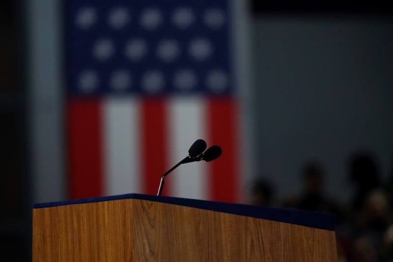 The podium on stage at Democratic presidential nominee Hillary Clinton's election night event