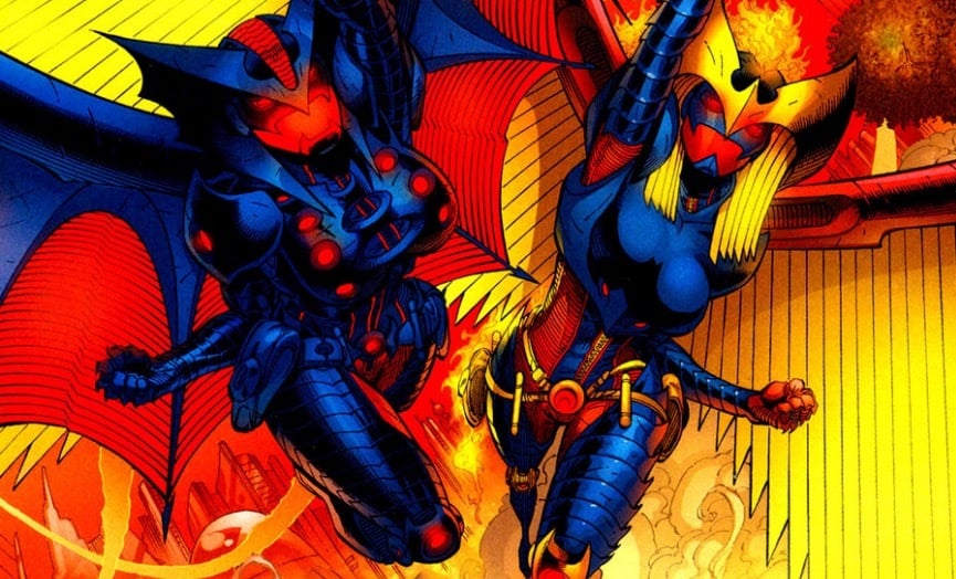 Power Girl and Supergirl as Nightwing and Flamebird