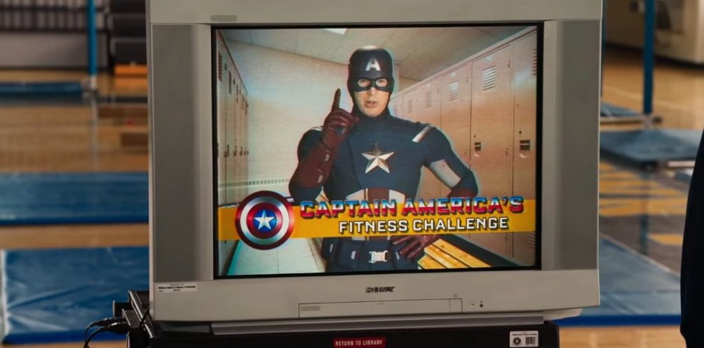 Captain America in a fictional fitness PSA on a TV in a gym in Spider-Man Homecoming