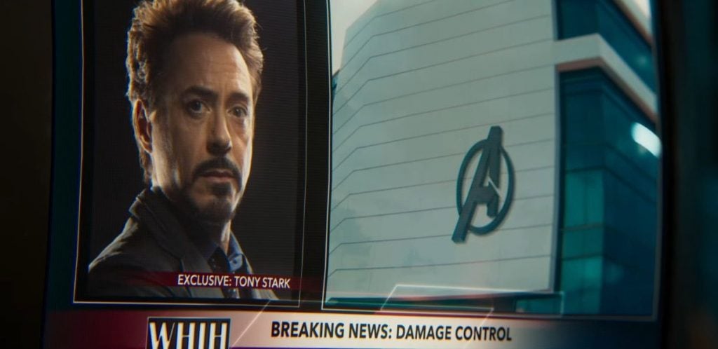 A TV showing Tony Stark, and advertising his new company, Damage Control
