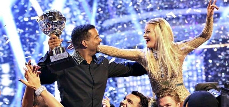 Alfonso Ribeiro and Witney Carson celebrating their win of the Mirror Ball.