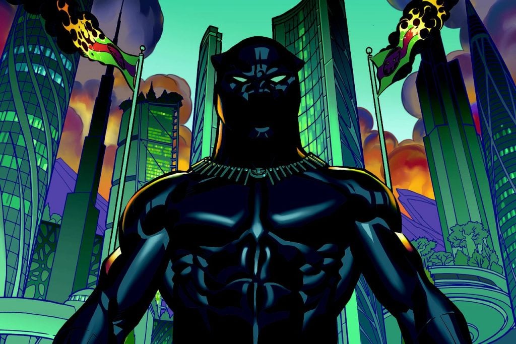 Black Panther comic stands in front of skyscrapers