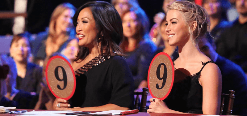 Carrie Ann and Julianne Hough are holding up signs reading "9" on Dancing with the Stars.