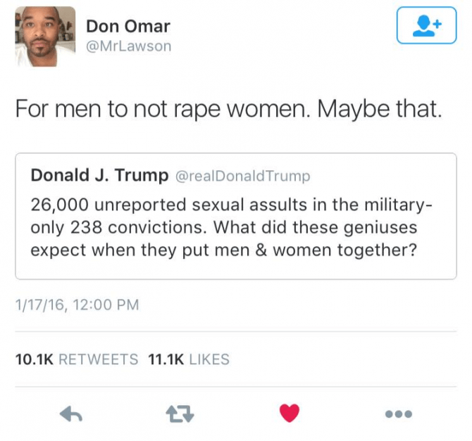 One of Donald Trump's tweets on rape in the military