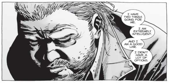 Eugene saying 'I have two things going for me. I am extremely intelligent and I am a good liar. I didn't have a lot of options' in a panel from 'The Walking Dead' comics
