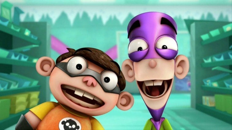 CGI cartoon superhero boys in a store