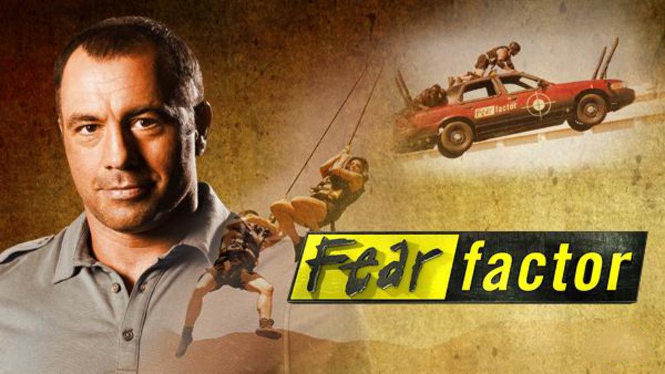 A Fear Factor promo image, with Joe Rogan, a car, and contestants