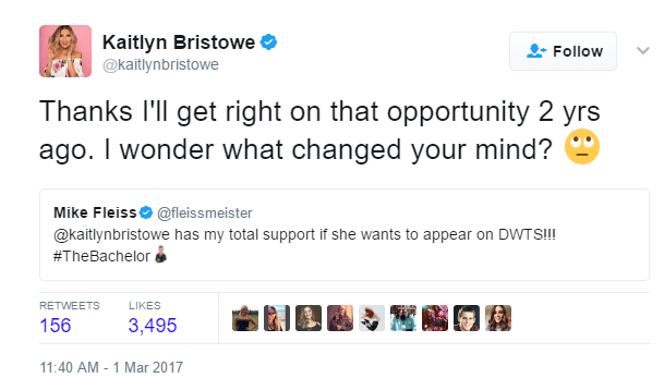 Kaitlyn Bristowe tweets, "Thanks I'll get right on that opportunity 2 yrs ago. I wonder what changed your mind?"