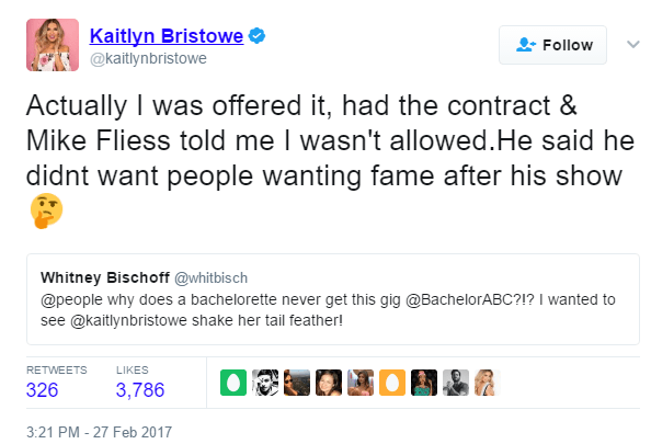 Kaitlyn Bristowe tweets, "Actually I was offered it, had the contract & Mike Fliess told me I wasn't allowed.He said he didnt want people wanting fame after his show."