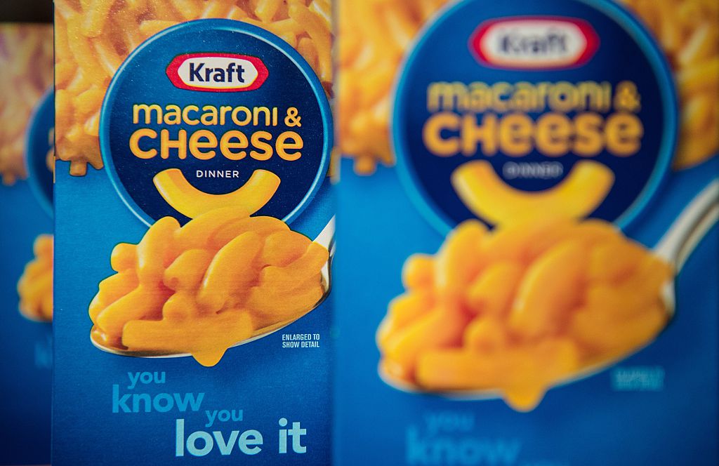 Boxes of Kraft Macaroni and Cheese. 