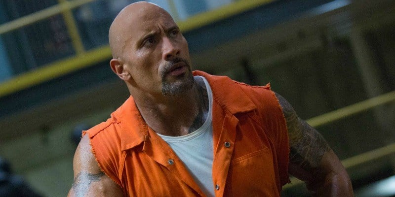 Hobbs is in an orange jumpsuit in The Fate of the Furious.