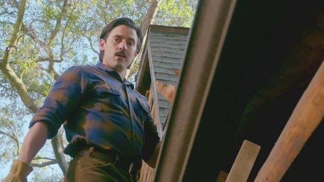 Jack up on the ladder at the cabin in the 'This is Us' episode 'The Trip.'