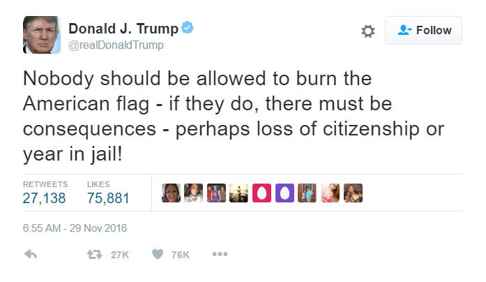 One of Donald Trump's tweets on burning the american flag