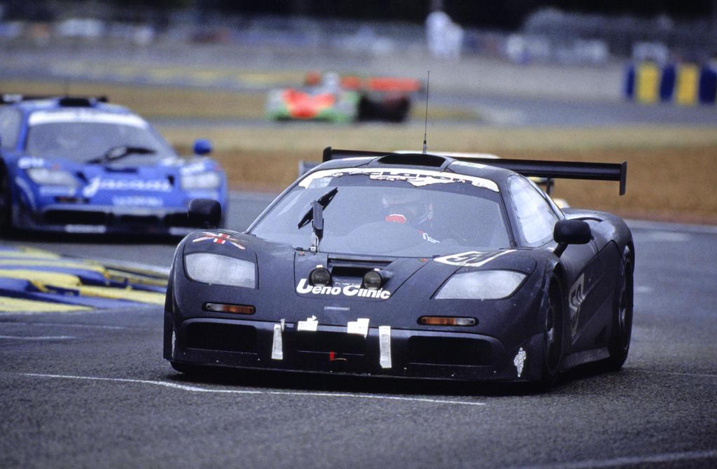A 1995 McLaren F1 GTR on the race track.