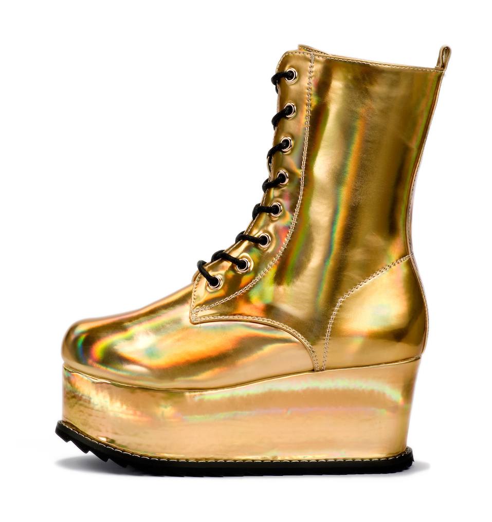 Golden alien shoe with a shiny metallic finish