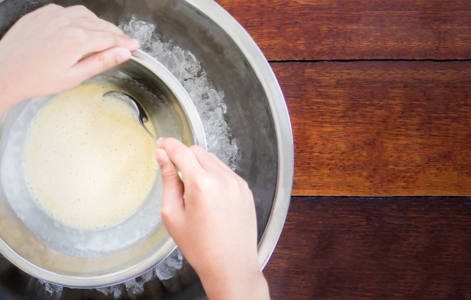Spinning steel bowl for making Vanilla Ice Cream