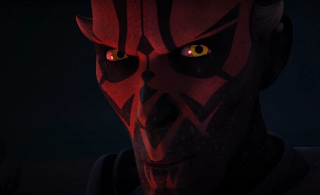 A close-up on Darth Maul's cartoon face