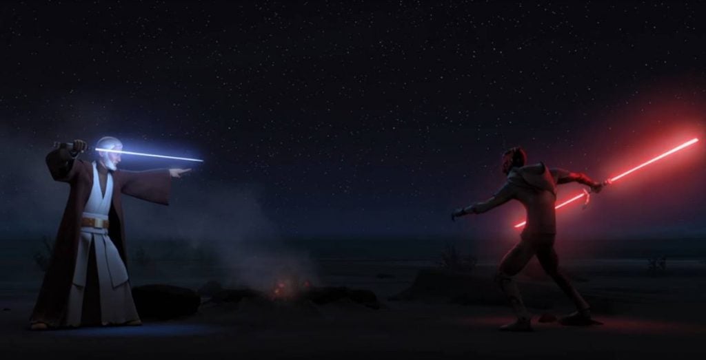 Obi Wan and Darth Maul with their lightsabers out, readying to attack each other