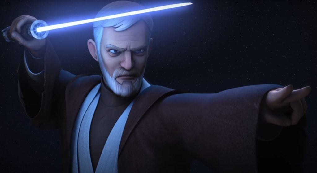 Obi Wan with his lightsaber over his head in his right arm