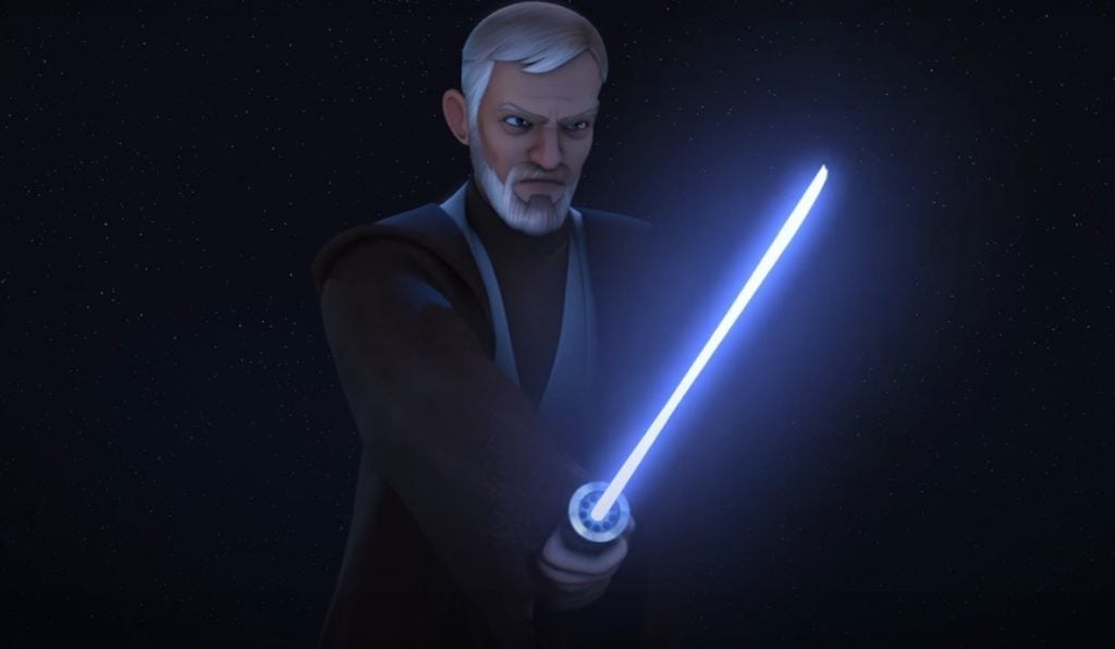 Obi Wan with his lightsaber out in front of his body