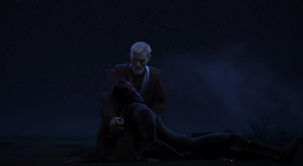 Obi Wan holding a fallen Maul in his arms in the dark
